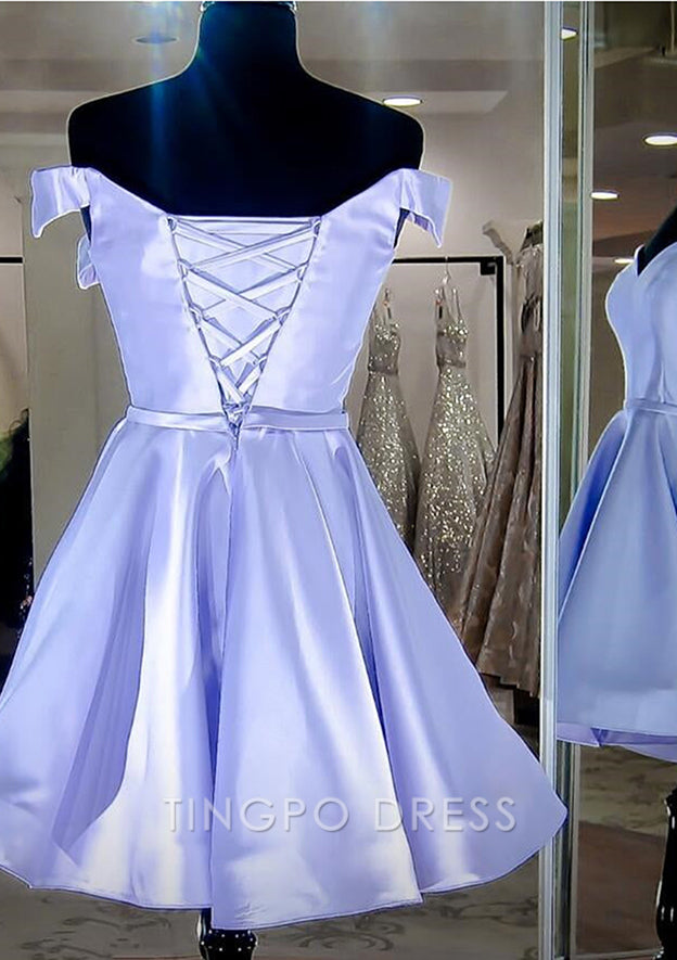 TingPo Wholesale A-line Off-the-Shoulder Sleeveless Charmeuse Short/Mini Homecoming Dress